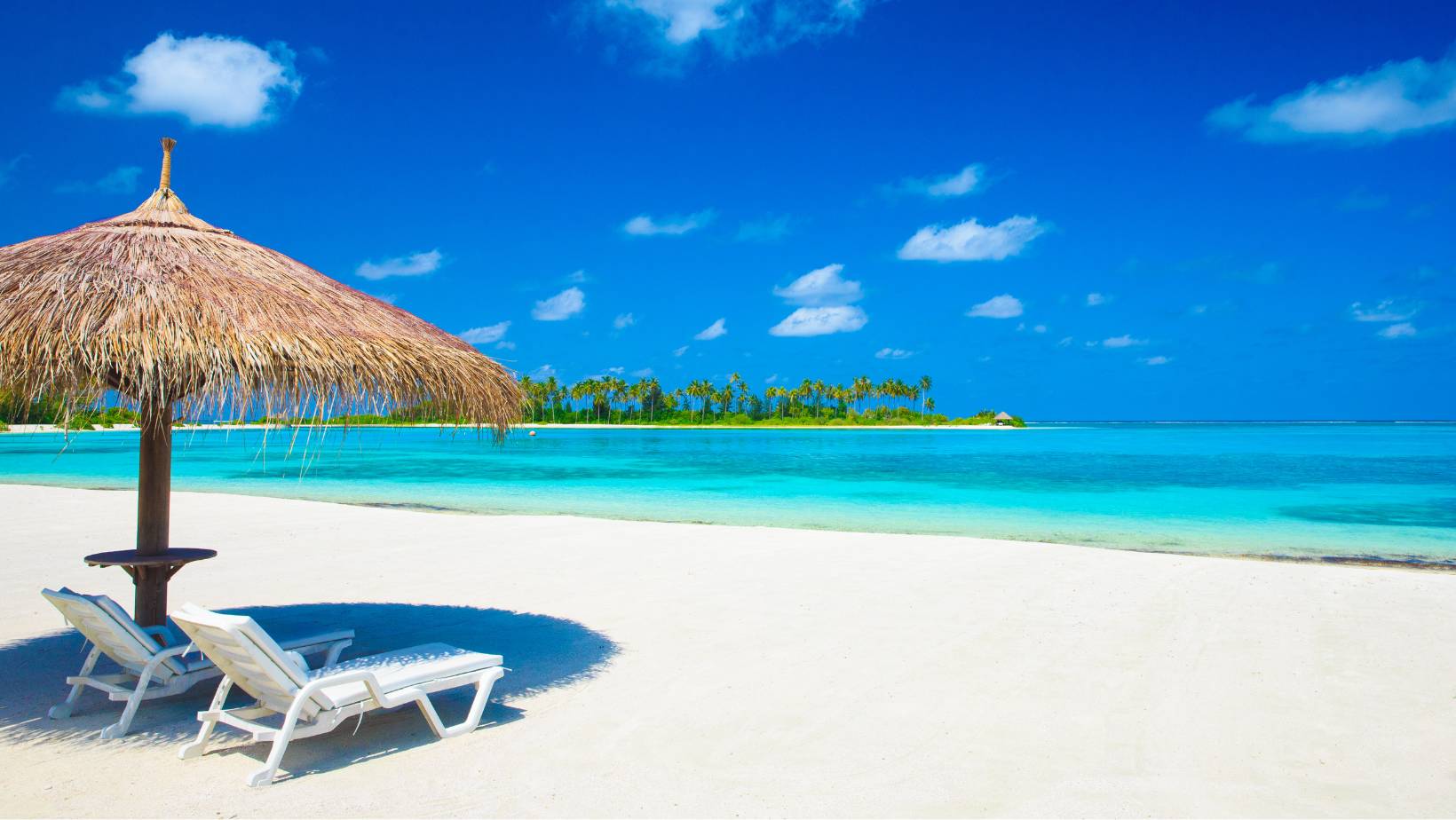 lounge chairs and grass umbrella on a beach